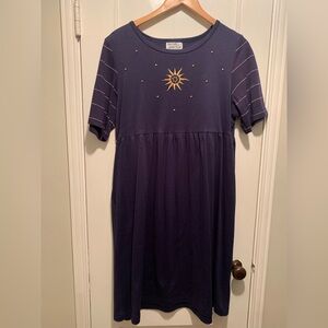 Vintage 90s Navy Blue Celestial Knit Dress with Sun Embroidery M with Pockets!